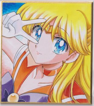 1990s_(style) 1girl adult_swim bishoujo_senshi_sailor_moon bishoujo_senshi_sailor_moon_r bishoujo_senshi_sailor_moon_r:_the_movie bishoujo_senshi_sailor_moon_s bishoujo_senshi_sailor_moon_s_the_movie:_kaguya-hime_no_koibito bishoujo_senshi_sailor_moon_supers bishoujo_senshi_sailor_moon_supers_the_movie:_sailor_9_senshi_shuuketsu!_black_dream_hole_no_kiseki blonde_hair blue_eyes chikoto_(kztc4472) highres marker_(medium) retro_artstyle tiara toei_company toonami traditional_media v viz_media