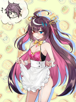 1girl ahoge apron apron_lift bare_arms bare_shoulders black_shirt blue_eyes bow bowtie breasts brown_hair cleavage clothes_lift colored_inner_hair contrapposto cowboy_shot detached_collar epic_seven facial_mark frilled_apron frills garter_straps hair_ribbon halterneck heterochromia highres long_hair looking_at_viewer luluca_(epic_seven) multicolored_hair open_mouth pink_hair qnishi_(kyunishi) red_eyes ribbon shirt sleeveless sleeveless_shirt small_breasts solo spaghetti_strap standing streaked_hair thighs two-tone_hair two_side_up very_long_hair waist_apron wrist_cuffs
