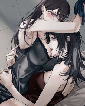 2girls animal_ears bang_dream! bang_dream!_it&#039;s_mygo!!!!! black_camisole black_choker black_hair blackfangs blue_eyes bound bound_wrists breasts camisole choker commentary covered_erect_nipples earrings fangs highres jewelry large_breasts long_hair multiple_girls purple_eyes red_camisole shiina_taki spaghetti_strap symbol-only_commentary yahata_umiri yuri