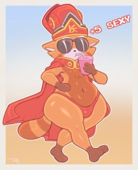 1boy adapted_costume animal_ears barefoot beach blue_background brown_background cape crown cup curvy drink drinking_straw facial_mark freedom_planet frumples fur_trim furry galaxytrail gradient_background hat highres holding holding_cup male_focus mayor_zao navel panda_ears panda_tail simple_background sunglasses thick_thighs thighs thong walking wide_hips