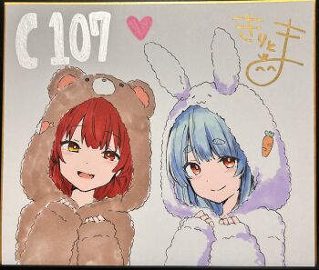 2girls :d absurdres animal_ears animal_hood bear_ears bear_hood blush brown_eyes closed_mouth commentary_request fake_animal_ears fang heart heterochromia highres hololive hood hood_up houshou_marine kiritoma multiple_girls onesie open_mouth photo_(medium) rabbit-shaped_pupils rabbit_ears rabbit_hood red_eyes red_hair shikishi short_eyebrows smile symbol-shaped_pupils thick_eyebrows traditional_media usada_pekora virtual_youtuber