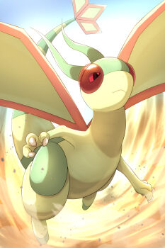 claws closed_mouth commentary_request day flygon flying gen_3_pokemon highres nintendo no_humans outdoors pokemon pokemon_(creature) pokemon_focus rumine_(yoshi1234567) sand solo