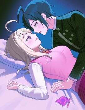 Rule 34 | 1boy, 1girl, :d, ahoge, akamatsu kaede, black hair, blonde hair, blush, breasts, condom, condom wrapper, danganronpa (series), danganronpa v3: killing harmony, eye contact, fortissimo, green jacket, hair ornament, highres, jacket, keke (xfxyuio), large breasts, long hair, long sleeves, looking at another, musical note, musical note hair ornament, necktie, open mouth, orange necktie, pink eyes, pink sweater vest, saihara shuichi, shirt, smile, striped clothes, striped jacket, sweater vest, white shirt