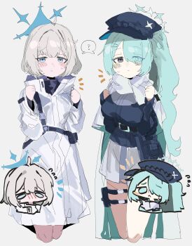 2girls absurdres ahoge aqua_hair blue_archive breasts chibi chibi_inset coat hair_ornament hair_over_one_eye halo hat hat_ornament highres hiyori_(blue_archive) large_breasts long_hair maia_(blue_archive) multiple_girls newsboy_cap odmised scarf short_hair side_ponytail skirt spoken_sweatdrop star_(symbol) star_hat_ornament sweatdrop thigh_strap white_coat white_scarf white_skirt