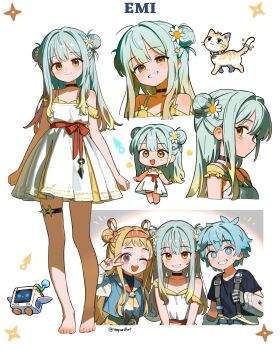 Rule 34 | 1boy, 2girls, absurdres, bare shoulders, barefoot, blonde hair, blue eyes, blue hair, bright pupils, brown eyes, character name, character request, closed mouth, commentary, dot nose, double-parted bangs, double bun, dress, emi (itsjstemi) (vtuber), english commentary, feet, flower, full body, green hair, grin, hair bun, hair flower, hair ornament, hairband, hand up, hepari, highres, indie virtual youtuber, long hair, looking at viewer, multicolored hair, multiple girls, multiple views, open mouth, red hairband, short hair, simple background, sleeveless, sleeveless dress, smile, sparkle, standing, thigh strap, toes, twitter username, two-tone hair, v, virtual youtuber, white background, white dress, white flower, white pupils, yellow eyes