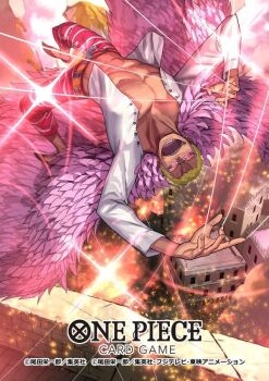 1boy abs adachi_yousuke blonde_hair cape commentary_request copyright_name donquixote_doflamingo embers evil_smile feather_cape flying glint looking_at_viewer male_focus official_art one_piece one_piece_card_game outdoors pants pink_cape pink_pants shirt smile solo string sunglasses white_shirt