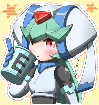 Rule 34 | 1girl, absurdres, armor, blush, cup, energy tank, forehead jewel, green hair, helmet, highres, holding, holding cup, long hair, mega man (series), mega man zx, pandora (mega man), red eyes, solo, star (symbol), takaramono, upper body, white armor, white helmet, yellow background