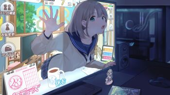 1girl brown_hair calendar_(object) cd_case coffee_mug collarbone computer computer_tower cup green_eyes idolmaster idolmaster_shiny_colors monitor computer_mouse mug o0u0m open_mouth school_uniform serizawa_asahi short_hair solo speaker through_medium through_screen user_interface window