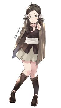 1girl ahoge blush brown_eyes brown_hair cape fire_emblem fire_emblem_fates flower full_body hair_flower hair_ornament highres j@ck looking_at_viewer mozu_(fire_emblem) nintendo shy skirt solo standing white_background
