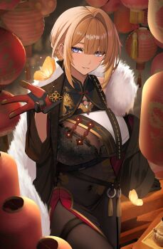 1girl alternate_costume black_bra black_dress black_gloves black_pantyhose blonde_hair blurry blurry_background bodystocking bra breasts bug butterfly china_dress chinese_clothes commentary_request covered_navel cowboy_shot dragon_print dress evelyn_chevalier floral_print fur_scarf fur_trim gaitoou gloves hair_between_eyes hair_intakes half_gloves highres insect lace lace_bra lantern large_breasts mole mole_under_eye moth off_shoulder pantyhose paper_lantern parted_lips purple_eyes scarf smile solo tassel thigh_strap underwear white_scarf zenless_zone_zero