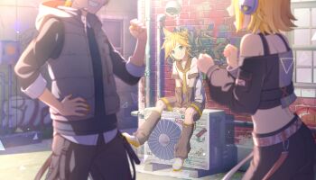 1girl 2boys aqua_eyes belt black_leg_warmers black_pants black_sailor_collar black_shorts black_sleeves black_sweater blonde_hair blurry blurry_foreground closed_mouth colorful_palette crop_top detached_sleeves dual_persona full_body game_cg graffiti grey_vest grin headset highres kagamine_len kagamine_rin kimi_to_sekai_no_hajimari_de_(project_sekai) leg_warmers looking_at_viewer multiple_boys necktie official_art pants project_sekai sailor_collar shirt shoes shorts sitting sleeves_past_wrists smile spiked_hair sweater teeth third-party_source triangle vest vivid_bad_squad_len vivid_bad_squad_rin vocaloid white_belt white_shirt white_shoes yellow_necktie