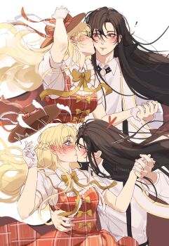 aitsuwu athanasia_de_alger_obelia black_hair blonde_hair blush collared_shirt couple frills highres holding_another's_waist holding_hands kiss kissing_cheek long_hair lucas_(who_made_me_a_princess) shirt watermark who_made_me_a_princess