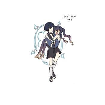 1boy 1girl aqua_halo bare_shoulders black_bodysuit black_hair black_leggings black_sandals black_shorts blue_kimono blue_leotard blue_thighhighs blunt_bangs blunt_ends bodysuit brown_hair brown_thighhighs carrying closed_mouth english_text faceless faceless_female faceless_male floating full_body genshin_impact glowing_markings gold_high_heels gold_shoes gradient_hair gradient_thighhighs hair_between_eyes hakama hakama_shorts halo halo_behind_head han&#039;eri hand_on_another&#039;s_back hand_on_another&#039;s_thigh high_heels highres japanese_clothes kimono layered_kimono leg_warmers leggings leotard levitation long_hair magic_circle mona_(genshin_impact) mona_(pact_of_stars_and_moon)_(genshin_impact) multicolored_hair open_clothes open_kimono parted_bangs pleated_shorts ponytail_holder princess_carry sandals scaramouche_(genshin_impact) shaded_face shoes shorts shoulder_peek sketch strapless strapless_leotard thighhighs toeless_legwear twintails wanderer_(genshin_impact) white_kimono white_leg_warmers ysnden zouri