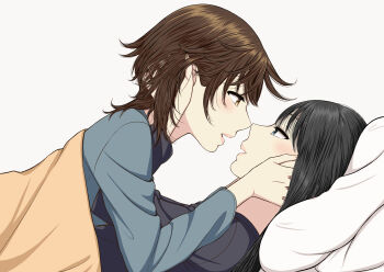 2girls absurdres black_hair black_shirt blue_eyes blue_shirt brown_eyes brown_hair commentary_request eye_contact hand_in_another's_hair hand_on_another's_face highres long_hair looking_at_another medium_hair multiple_girls original parted_lips ryuusa shirt simple_background under_covers white_background yuri