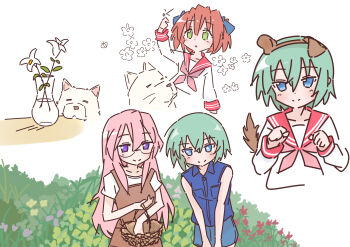 3girls absurdres animal_ear_hairband animal_ears apron aqua_eyes basket blue_bow blue_shirt bow brown_apron bush cherry_(lucky_star) fake_animal_ears flower green_eyes green_hair hairband highres holding holding_basket iwasaki_minami kobayakawa_yutaka lucky_star multiple_girls neckerchief paw_pose pink_hair pink_neckerchief purple_eyes red_hair ryouou_school_uniform school_uniform shirt short_twintails sketch sleeveless sleeveless_shirt smile table takara_miyuki twintails vase white_background white_shirt yq9nhoedbnmi6iy