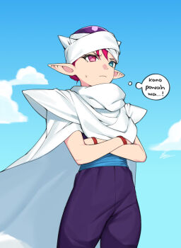 1girl cape cloud cosplay crossed_arms dasdokter dragon_ball dragonball_z highres hololive hololive_english irys_(hololive) pants piccolo piccolo_(cosplay) pointy_ears sash sky solo turban virtual_youtuber