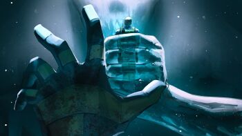 Rule 34 | 2boys, absurdres, blue theme, chris redfield, commentary, english commentary, full body, giant, highres, imagine (imagine7243618), in palm, light particles, male focus, multiple boys, outstretched arm, piers nivans, pov, pov hands, reaching, reaching towards another, resident evil, resident evil 6, see-through body, size difference, tagme, vest