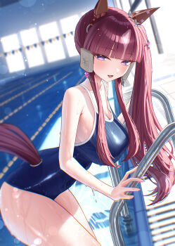 1girl absurdres animal_ears bare_arms blue_one-piece_swimsuit blush breasts brown_hair brown_tail cleavage clothing_cutout commentary_request competition_swimsuit ear_covers highres horse_ears horse_girl horse_tail large_breasts long_hair looking_at_viewer lucky_lilac_(umamusume) menchi_rishio multicolored_hair one-piece_swimsuit open_mouth ponytail pool_ladder purple_eyes rei_no_pool side_ponytail smile solo streaked_hair swimsuit tail tail_through_clothes umamusume wet white_streaks