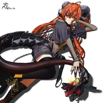 1girl absurdres alternate_costume belt bracelet chain choker commentary crop_top english_commentary fini_kin fishnets green_eyes hair_ornament hairclip highres horns jewelry long_hair magus_(zenless_zone_zero) mask mechanical_horns mechanical_tail midriff orange_hair orange_pupils orphie_magnusson pointy_ears red_nails ring sharp_teeth shirt shorts solo tail teeth thighhighs twintails very_long_hair zenless_zone_zero