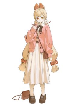 1girl absurdres alice_thymefield animal_ears bag braid brown_bag brown_shoes casual closed_mouth dress full_body hair_ornament hand_up heterochromia highres jacket komodo long_dress long_hair long_sleeves looking_at_viewer low_twintails open_clothes open_jacket pink_background pink_jacket rabbit_ears rabbit_tail red_eyes shoes shoulder_bag simple_background socks standing tail twintails very_long_hair white_dress white_socks yellow_eyes zenless_zone_zero