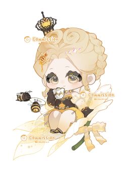 Rule 34 | 1girl, bare legs, bee, bee costume, bee hair ornament, belt, belt buckle, black belt, black gloves, black shirt, black shoes, blonde hair, bow, braid, buckle, bug, chain, character request, chibi, chinese commentary, circlet, closed mouth, commentary request, commission, crown, crown braid, cup, curly hair, detached sleeves, drinking, eeeestella, eyelashes, flower, frilled sleeves, frills, fringe trim, gloves, gold chain, hair ornament, hairclip, happy, highres, holding, holding cup, insect, light blush, long sleeves, mini crown, miniskirt, multicolored shoes, nikki (series), on flower, shining nikki, shirt, shoe belt, shoes, short hair, simple background, sitting, skirt, smile, solo, sparkling eyes, strapless, strapless shirt, tareme, teacup, train (clothing), two-tone shoes, updo, watermark, white background, white flower, white sleeves, yellow bow, yellow crown, yellow eyes, yellow shoes, yellow skirt