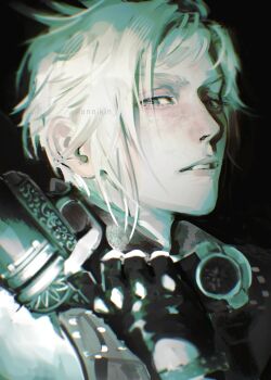 Rule 34 | 1boy, annikin, black background, black gloves, blue eyes, collared shirt, commentary, english commentary, final fantasy, final fantasy xv, fingerless gloves, gloves, gun, highres, holding, holding gun, holding weapon, looking to the side, male focus, parted lips, portrait, prompto argentum, shirt, sideways glance, solo, twitter username, weapon