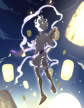 1boy absurdres alternate_form back commentary flying full_body gear_fifth hagoromo highres lantern male_focus monkey_d._luffy mrjieshisu night one_piece purple_sash sandals sash shawl shirt shorts solo twitter_username white_hair white_shirt white_shorts