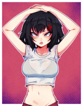 1girl absurdres alternate_breast_size_(larger) arms_up black_hair blue_background border bra_visible_through_clothes bralines breasts collarbone commentary covered_erect_nipples crop_top english_commentary gradient_background hair_between_eyes hair_ornament hand_on_own_head highres kaorihero large_breasts looking_at_viewer marvel navel open_mouth outline outside_border peni_parker red_background shirt short_hair simple_background small_breasts smile solo spider-man:_into_the_spider-verse spider-man_(series) spider-verse standing stomach taut_clothes taut_shirt teeth upper_body white_border white_outline white_shirt x_hair_ornament yutakke