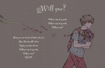 1boy backpack bag bouquet caption chainsaw_man denji_(chainsaw_man) english_text expressionless flower highres holding holding_bouquet limited_palette looking_afar looking_ahead nazo_no_hito short_hair short_sleeves simple_background solo walking_away