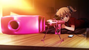 1girl aiming angry anti-materiel_rifle barrett_m82 bipod black_bow black_necktie black_skirt bow brown_hair cellphone computer cute_weapon foreshortening fumio_(ura_fmo) game_cg grisaia_(series) grisaia_no_rakuen gun hair_bow holding holding_gun holding_weapon indoors irisu_makina laptop large_variant_set lying necktie non-web_source official_art on_stomach open_mouth phone plaid_clothes plaid_shirt pleated_skirt red_eyes red_shirt rifle scope shirt short_hair short_sleeves short_twintails skirt smartphone sniper_rifle solo twintails usb_cable variant_set weapon wooden_floor