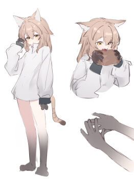 Rule 34 | 1girl, absurdres, brown eyes, brown hair, closed mouth, colored extremities, fangs, food, grey shirt, hair between eyes, hand up, highres, holding, holding food, long hair, long sleeves, multiple views, no pants, open mouth, original, puffy long sleeves, puffy sleeves, riya (01214), shirt, simple background, standing, tail, white background