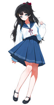 Rule 34 | 1girl, black hair, black shoes, blue sailor collar, blue skirt, closed mouth, full body, hair ornament, hand up, heart, heart hair ornament, highres, huhi (huhi 1211), long hair, long sleeves, looking at viewer, sailor collar, school uniform, shirayuki hina, shirt, shoes, simple background, skirt, smile, solo, standing, stellive, virtual youtuber, white background, white shirt