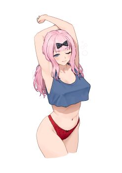 Rule 34 | 1girl, absurdres, armpits, arms behind head, arms up, black bow, blue eyes, blue tank top, blush, bow, breasts, carlo montie, closed mouth, commentary, crop top, crop top overhang, english commentary, fujiwara chika, hair bow, highleg, highres, kaguya-sama wa kokurasetai ~tensai-tachi no renai zunousen~, large breasts, long hair, navel, one eye closed, panties, pink hair, red panties, simple background, solo, stomach, stretching, tank top, thighs, underwear, white background