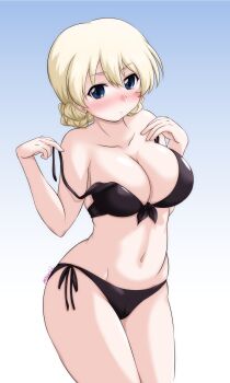 1girl bare_shoulders bikini black_bikini blonde_hair blue_background blue_eyes breasts cleavage collarbone commentary_request darjeeling_(girls_und_panzer) girls_und_panzer gradient_background highres large_breasts looking_at_viewer nape_braid navel one-hour_drawing_challenge short_hair side-tie_bikini_bottom solo swimsuit untied_bikini_top yts_takana