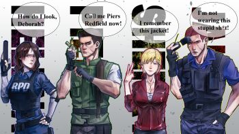 Rule 34 | 2boys, 2girls, absurdres, adjusting eyewear, black gloves, black vest, blonde hair, blue shirt, brown hair, buzz cut, character name, character request, collared shirt, english text, fingerless gloves, gloves, gun, handgun, helena harper, highres, holding, holding gun, holding lighter, holding weapon, imagine (imagine7243618), jacket, lighter, long hair, looking at viewer, multiple boys, multiple girls, piers nivans, police, police uniform, red jacket, resident evil, resident evil 6, shirt, short hair, sunglasses, upper body, v, very short hair, vest, walkie-talkie, wavy hair, weapon