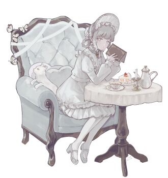 1girl absurdres accurate_lolita_coord armchair bib_collar bonnet book braid braided_hair_rings brooch bug butterfly cake cake_slice candle candlestand cat chair chinstrap closed_mouth commentary cup dress food frilled_bonnet frilled_dress frilled_shirt_collar frills from_side full_body grey_eyes grey_hair hair_rings hands_up high_heels highres holding holding_book insect jewelry juliet_sleeves lolita_fashion long_sleeves looking_at_viewer looking_to_the_side mary_janes medium_hair n4adoe necklace on_chair original pantyhose pearl_necklace plate puffy_sleeves saucer shoes sidelocks signature simple_background sitting solo strawberry_shortcake sugar_cube swept_bangs table tablecloth tea teacup teapot twitter_username white_background white_bonnet white_cat white_pantyhose white_shoes