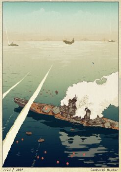 ace_combat ace_combat_04 battleship boat border commentary_request day english_text fine_art_parody highres horizon lifeboat military military_vehicle nihonga no_humans ocean outdoors parody ship sinking ukiyo-e warship water watercraft yuukou