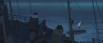 Rule 34 | 1girl, 3others, arm up, boat, coat, dark, dredge (video game), faceless, full body, fur collar, highres, holding, holding lantern, holding oar, horizon, imbanox9, lantern, looking at another, multiple others, night, oar, railing, rowboat, scenery, ship, standing, watercraft