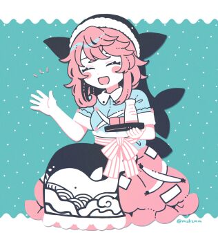 1girl :d animal_print apron blue_apron blue_shirt blush_stickers breasts closed_eyes commentary_request cross-laced_clothes cup fish_print frilled_apron frilled_sleeves frills full_body holding holding_tray limited_palette mozukuzu_(manukedori) okunoda_miyoi open_mouth pink_hair pink_skirt sash shirt short_hair short_sleeves skirt small_breasts smile solo squatting touhou tray waving whale_hat whale_print