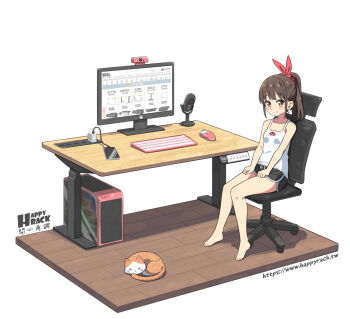 1girl barefoot black_shorts blush breasts brown_eyes brown_hair camisole cellphone chair charger closed_mouth commentary_request computer computer_tower desk hair_ribbon hatsunatsu computer_keyboard microphone monitor computer_mouse office_chair on_chair original phone ponytail red_ribbon ribbon short_shorts shorts simple_background sitting small_breasts smile solo swivel_chair watermark web_address webcam white_background white_camisole wooden_floor