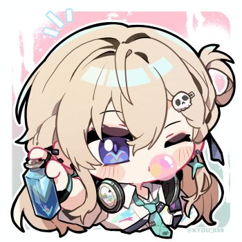 1girl aqua_background aqua_necktie blonde_hair blowing_bubble_gum border can chewing_gum chibi chibi_only chinese_commentary collared_shirt commentary_request earrings gradient_background hair_between_eyes hair_ornament headphones headphones_around_neck highres holding holding_can jewelry kyou_039 long_hair looking_at_viewer lynae_(wuthering_waves) necktie notice_lines one_eye_closed pink_background purple_eyes shirt skull_hair_ornament solo spray_can star_(symbol) star_earrings twitter_username white_border white_shirt wuthering_waves