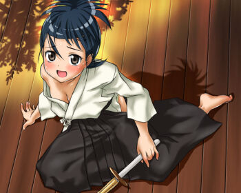 Rule 34 | 1girl, asaoka minami, barefoot, blush, breasts, cleavage, dojo, downblouse, feet, female focus, floor, hajime (caramel toone), hakama, hakama skirt, japanese clothes, jewelpet, jewelpet (series), kendo, no bra, off shoulder, shadow, shinai, sitting, skirt, small breasts, solo, sweat, sword, weapon, wooden floor