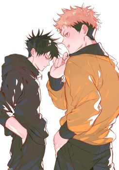 Rule 34 | 2boys, angry, black hair, black jacket, commentary, from behind, fushiguro megumi, hand in pocket, highres, ikaooi1, itadori yuuji, jacket, jujutsu kaisen, looking at viewer, looking back, male focus, multicolored hair, multiple boys, pink hair, scar, scar on face, scar on mouth, short hair, simple background, standing, two-tone hair, undercut, untranslatable commentary, white background, yellow jacket, zipper pull tab