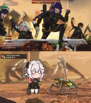 2boys 3girls :| artist_name beret black_cape black_hair blood blue_eyes blue_hair braid bridal_gauntlets cape celinepizza chibi closed_mouth commentary cosplay crying_aqua_(meme) english_commentary english_text firing furina_(genshin_impact) gameplay_mechanics genshin_impact gradient_hair green_blood green_hat grey_hair gun hair_between_eyes hat heads-up_display helldiver_(helldivers) helldiver_(helldivers)_(cosplay) helldivers_(series) highres holding holding_weapon light_blue_hair long_hair meme mismatched_pupils motion_blur multicolored_hair multiple_boys multiple_girls nahida_(genshin_impact) o_o outdoors pointy_ears purple_eyes purple_hair raiden_shogun stratagem_(helldivers) streaked_hair submachine_gun terminid_(helldivers) twin_braids user_interface venti_(genshin_impact) weapon white_hair yae_miko yae_miko_(fox) yellow_blood zhongli_(genshin_impact)