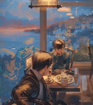 2boys black_hair bush chair cloud coffee commentary_request food fork french_fries glasses highres holding holding_fork karaoke_iko! long_sleeves looking_at_another looking_to_the_side male_focus mature_male multiple_boys narita_kyouji ocean oka_satomi parfait reflection restaurant shigre sitting sweater table window
