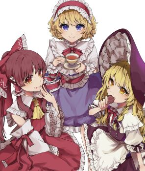 3girls absurdres alice_margatroid apron ascot black_bow black_hat black_skirt black_vest blonde_hair blue_dress bow bowtie braid brown_eyes brown_hair capelet closed_mouth commentary_request cookie cup detached_sleeves dress eating food food_on_face frilled_bow frilled_hair_tubes frilled_hairband frills hair_bow hair_tubes hairband hakurei_reimu hat highres holding holding_cup holding_food holding_plate jingai_(k1bun) kirisame_marisa lolita_hairband long_hair looking_at_viewer multiple_girls plate puffy_short_sleeves puffy_sleeves purple_eyes red_bow red_bowtie red_hairband red_skirt short_sleeves side_braid simple_background single_braid sitting skirt skirt_set smile touhou vest waist_apron white_apron white_background white_capelet witch_hat yellow_ascot yellow_eyes