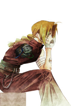 1boy absurdres amputee bandaged_arm bandages belt belt_buckle black_belt blonde_hair braid buckle commentary crossed_legs edward_elric elbow_on_knee feet_out_of_frame from_side fullmetal_alchemist gauze gauze_on_cheek head_rest highres injury long_hair male_focus mechabare missing_limb pants simple_background single_braid sitting solo symbol-only_commentary wallet_chain white_background yellow_eyes youritai