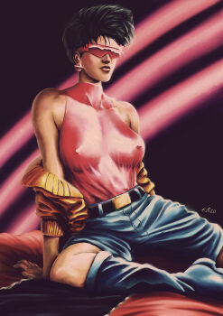 1girl belt black_belt black_hair blue_boots blue_shorts boots breasts coat covered_erect_nipples jubilee knee_boots large_breasts marvel off_shoulder open_clothes open_coat pablo_romero pink-tinted_eyewear pink_shirt realistic retro_artstyle shirt short_hair short_shorts shorts sitting sleeveless sleeveless_shirt solo sunglasses tinted_eyewear x-men yellow_coat