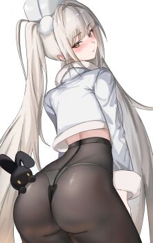 Rule 34 | 1girl, absurdres, ass, black pantyhose, blanc (fortune express) (nikke), blanc (nikke), blush, commentary, cropped sweater, from behind, goddess of victory: nikke, hat, highres, kopepan (kopepann11), long hair, looking back, official alternate costume, panties, panties under pantyhose, pantyhose, simple background, solo, sweater, symbol-only commentary, twintails, underwear, very long hair, white background, white hair, white hat, white sweater, yellow eyes