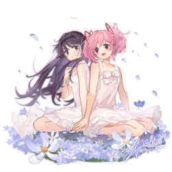 Rule 34 | 2girls, :d, absurdres, akemi homura, alternate costume, back-to-back, bare arms, bare shoulders, black hair, black hairband, blue eyes, bow, bowtie, choker, dress, eye contact, falling petals, field, floating hair, flower, flower field, frilled dress, frills, from side, full body, hair ribbon, hairband, hand on hand, hand on own chest, highres, kaname madoka, long hair, looking at another, mahou shoujo madoka magica, mahou shoujo madoka magica (anime), multiple girls, open mouth, parted lips, petals, pink hair, red eyes, ribbon, seiza, shan tong tong, short hair, short twintails, signature, simple background, sitting, sleeveless, sleeveless dress, smile, sundress, twintails, white background, white bow, white bowtie, white choker, white dress, white flower, wind, yuri